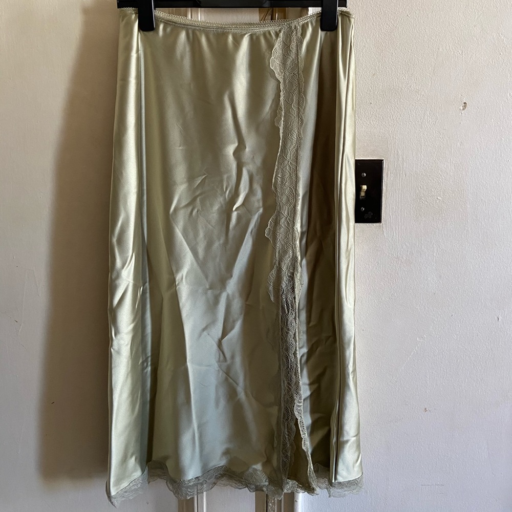 Topshop Green Lace Trim Satin Midi skirt